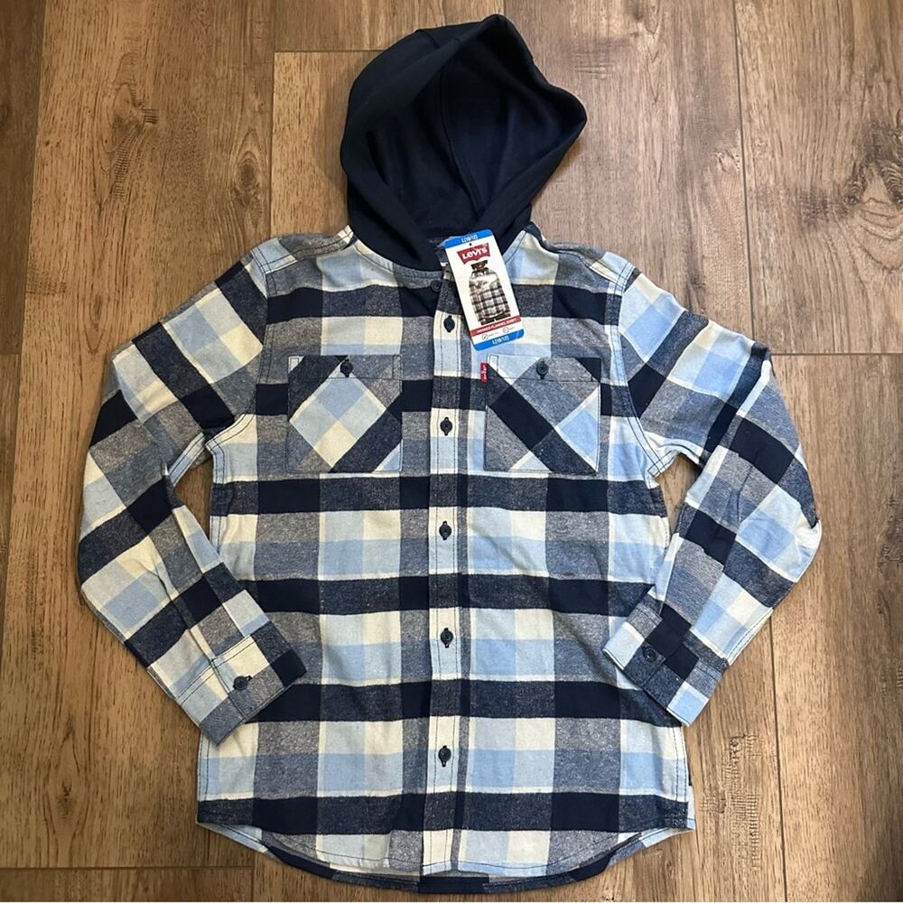 NWT!! Levi's Boy’s‎ Navy Blue White Checkered Hooded Flannel Shirt, Lg 10-12